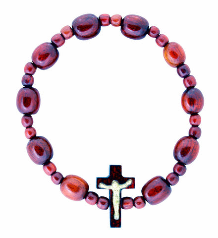 Pack of 2 pcs. Cherry Wood Beads Rosary Bracelet with Cross Crucifix Stretchable - Made in Brazil. Pack of 3 units