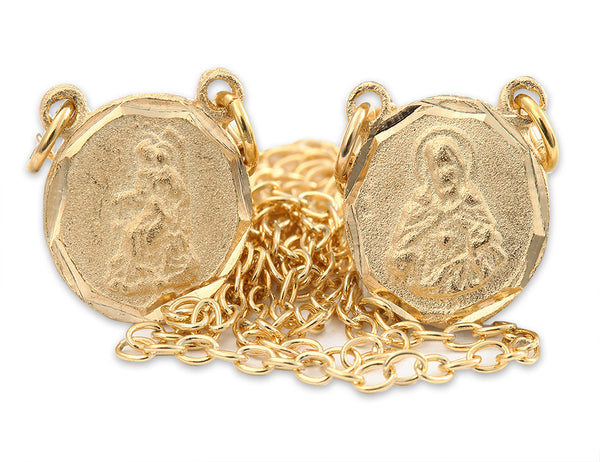 Gold Plated Round Scapular with Engraved Images of Mount Carmel and Jesus