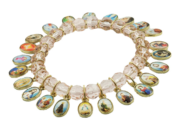 Pink Crystal Bracelet with 23 Medals of Mary, Jesus and Saints