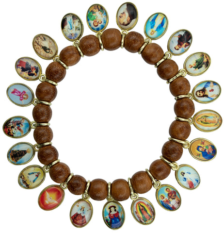Religious Wood Beads Bracelet with 21 Medals of Mary, Jesus and Saints