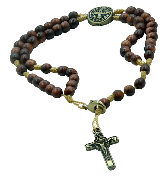 Saint Benedict Metal Medal and Crucifix Wooden Beads Rosary Bracelet