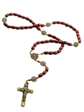 Mens Cherry Wood Rosary with 7 Saint Benedict Metal Medallions and Crucifix